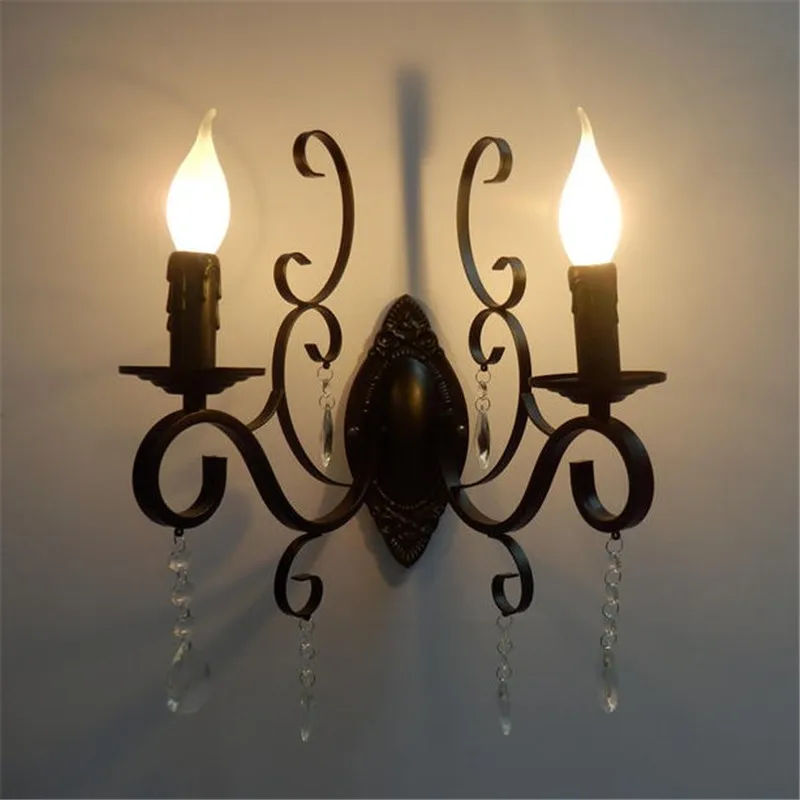 European classic vintage wall lamp black wrought iron body crystal deco candle wall light fixture for living room bedroom stairs