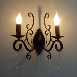 European classic vintage wall lamp black wrought iron body crystal deco candle wall light fixture for living room bedroom stairs