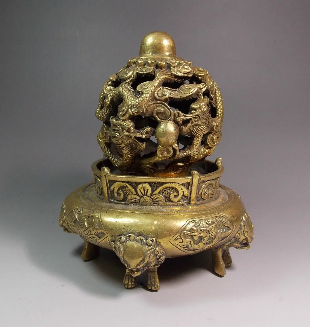 Elaborate China Brass three foot incense burner dragon Censer