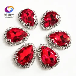 Top Grade Silver Bottom Glass Crystal Buckle, Red Drop Shape Sew on Rhinestones,Diy/wedding Decoration SWSKY07