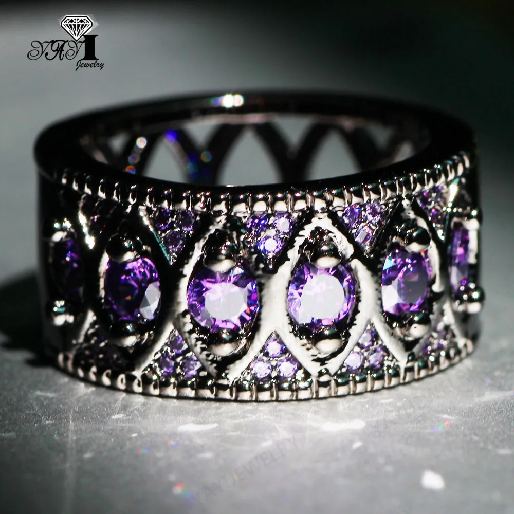 Yayi jóias princesa corte 8.7 ct roxo zircão preto cor cheia de ouro anéis de noivado casamento coração anéis meninas festa anel