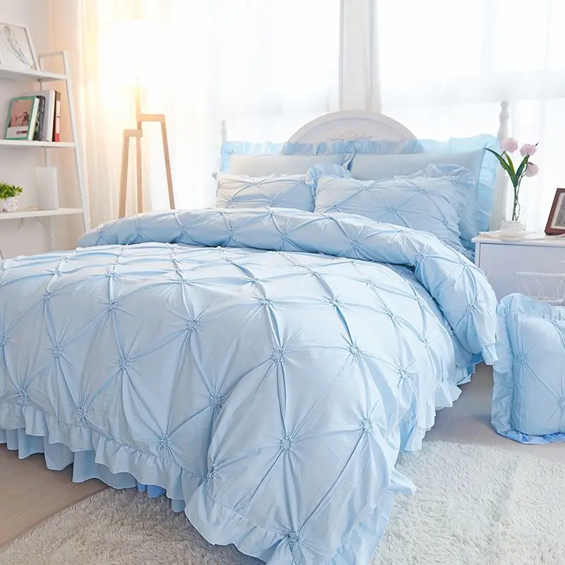 Handwork Pinch Pleat Bedding Sets 100% Cotton 4pcs Sky Blue Princess Quilt/Duvet Cover Bedspreads Bed Skirt Pillowcases