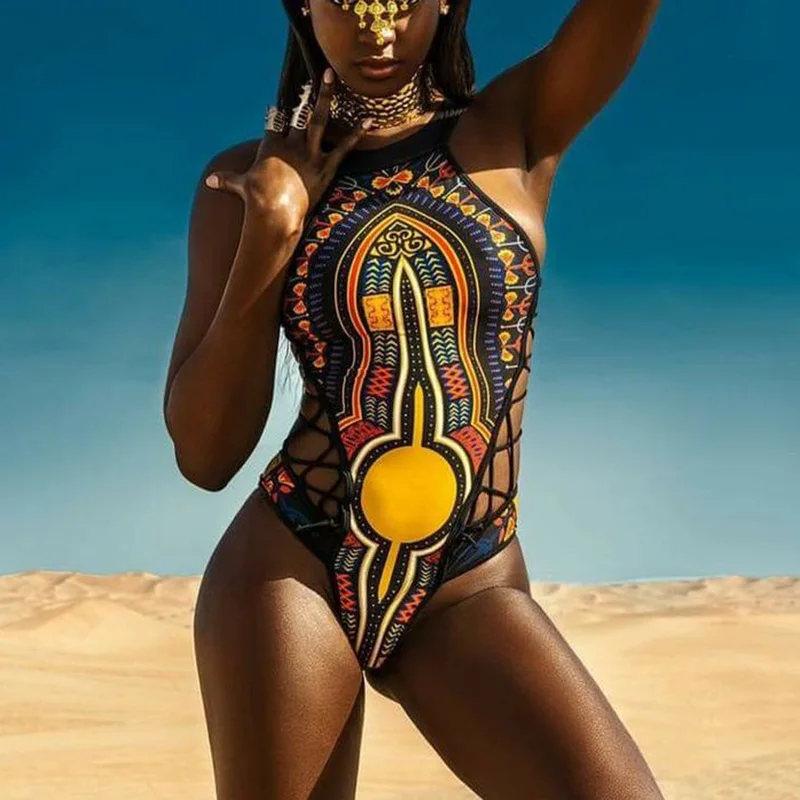 2024 African Dashiki Print One Piece Swimsuit Women High leg cut Swimwear Female Trikini Thong Monokini Brazilian Bathing Suit