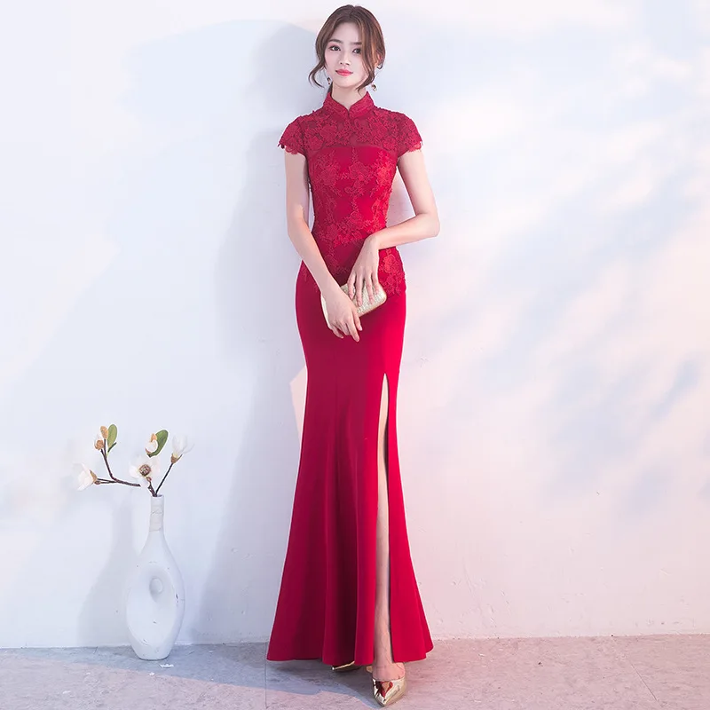 Red Half Sleeve Elegant Oriental Lady Wedding Cheongsam Traditional Chinese Bride Mermaid Dress Mandarin Collar Long Qipao