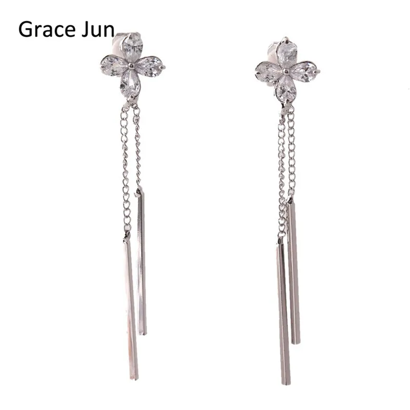 Grace Jun 2 Colors Choose Clover Flower AAA CZ Long Tassel Clip on Earrings No Pierced for Girl Party Charm Ear Clip  Bijouterie