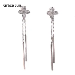 Grace Jun 2 Colors Choose Clover Flower AAA CZ Long Tassel Clip on Earrings No Pierced for Girl Party Charm Ear Clip  Bijouterie