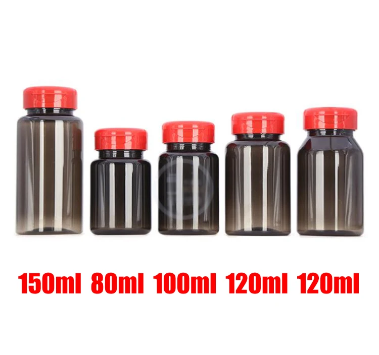 100pcs PET Flip Bottles,Capsules/ Pills/Powder Bottles Translucent Black Color with Red Flip Cap 80ml/100ml/120ml/150ml