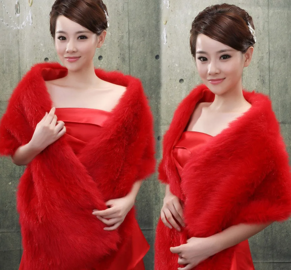 

Winter Warm Bridal Shawl Cheap Women Wedding Cape White Red Bride Bolero Faux Fur Wedding Accessories For Bride Hot Sale LT058