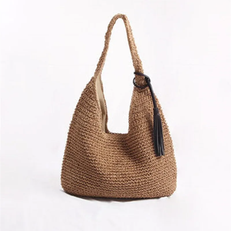 

Woman Round Handbags Handmade Straw Bag with Tassel Rattan Woven Vintage Rope Knitted Messenger Bag Lady Summer Beach Tote