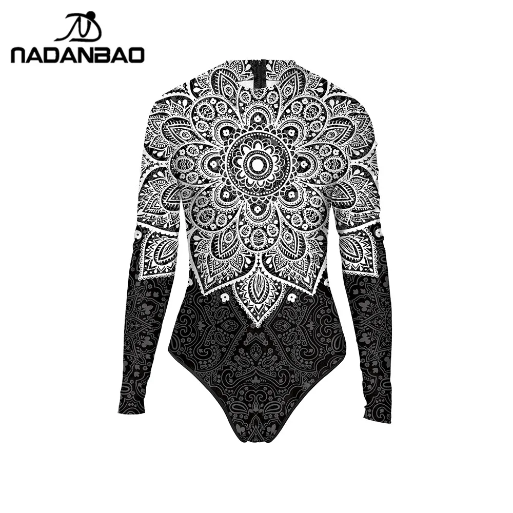 Nadanbao Summer Women Swimwear Mandala Flower 3D Print One Piece Swimsuit Long Sleeve Bathing Suit Women Sexy Bodysuit Swimsuit