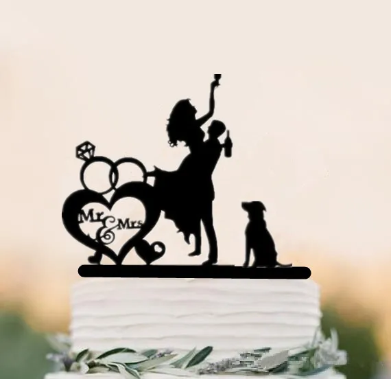 Mixed Style Black Acrylic Bride and Groom Silhouette with Pet Dog Cat Mr & Mrs Toppers for Wedding Cake Decorating Accessory