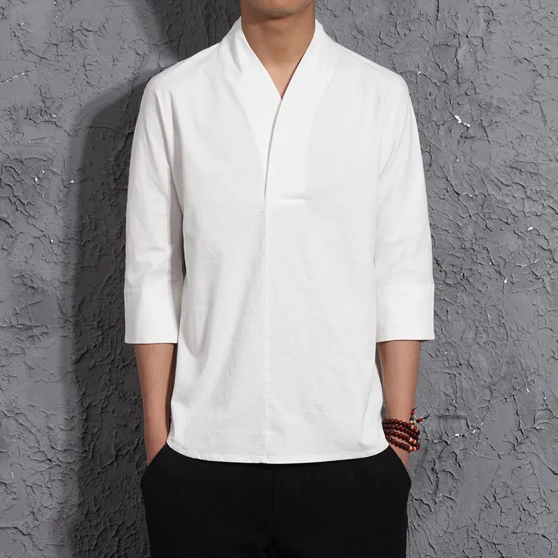 Men Linen Shirts Three Quarter Sleeve Chinese Style Pullover V Neck Traditional Kung Fu Tang Casual Social Shirt Male TS-314