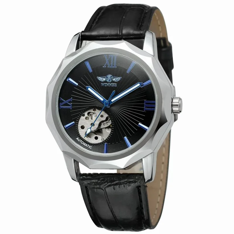 Fashion Winner Brand Blue Ocean Geometry Design Transparent Skeleton Dial Mens Watch Luxury Automatic Casual Mechanical Clock