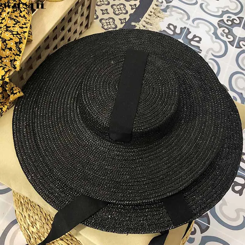 

wholesale Large Brim 18cm/7.1" Black Straw Hat Men Women Bandage Ribbon Tie Sun Hat Derby Sun Protection Summer Beach Hat