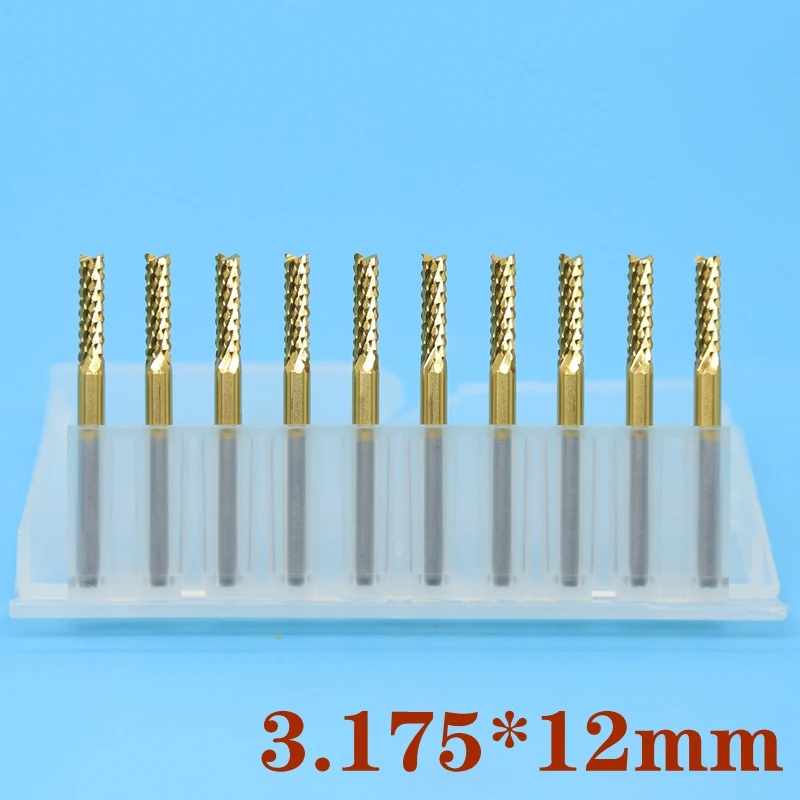 10 pcs 티타늄 코팅 pcb 밀링 커터 3.175mm 텅스텐 카바 이드 옥수수 절단 운동 도구 cnc 라우터 나무 위치 금속