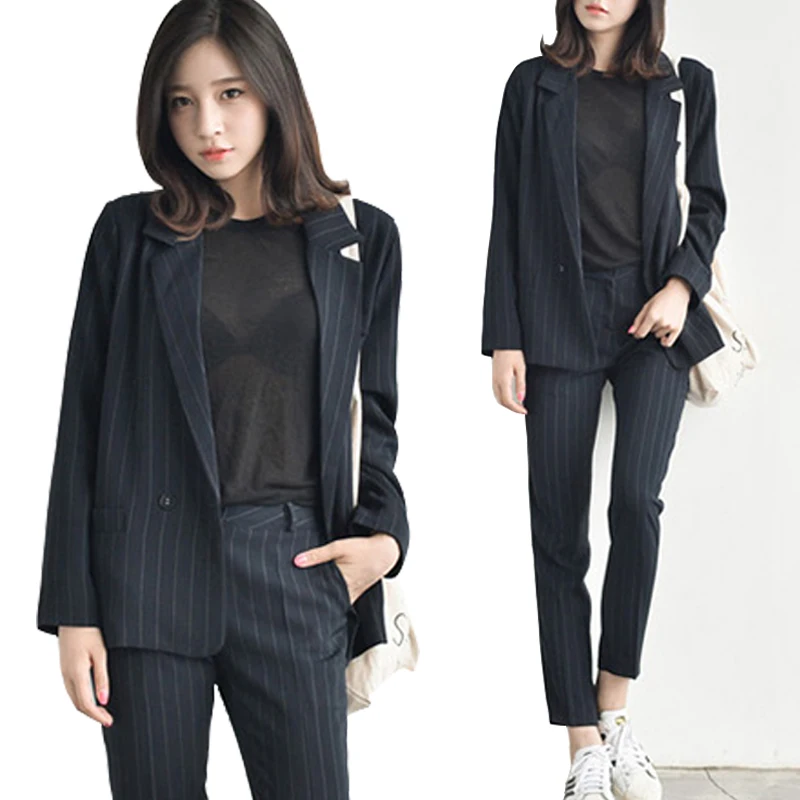 

Two-piece women's spring and autumn long-sleeved striped casual temperament OL career suits (jacket + trousers)