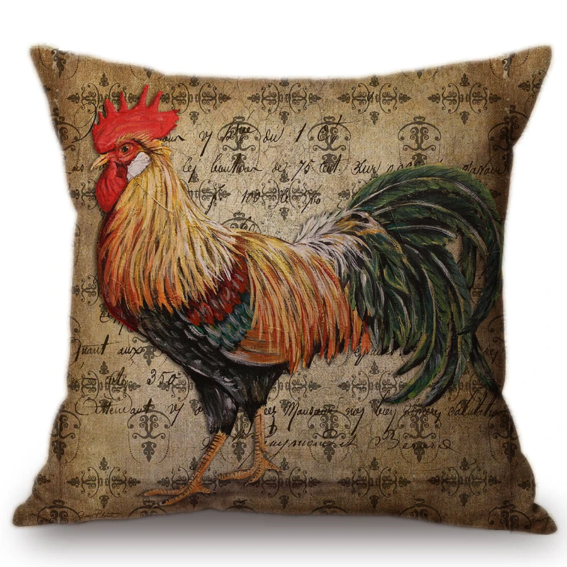 Vintage Rooster Poster Design Sofa Cushion For Home Decoration Retro Newspaper Pattern Hen Coq Chicken Linen Cotton Throw Pillow