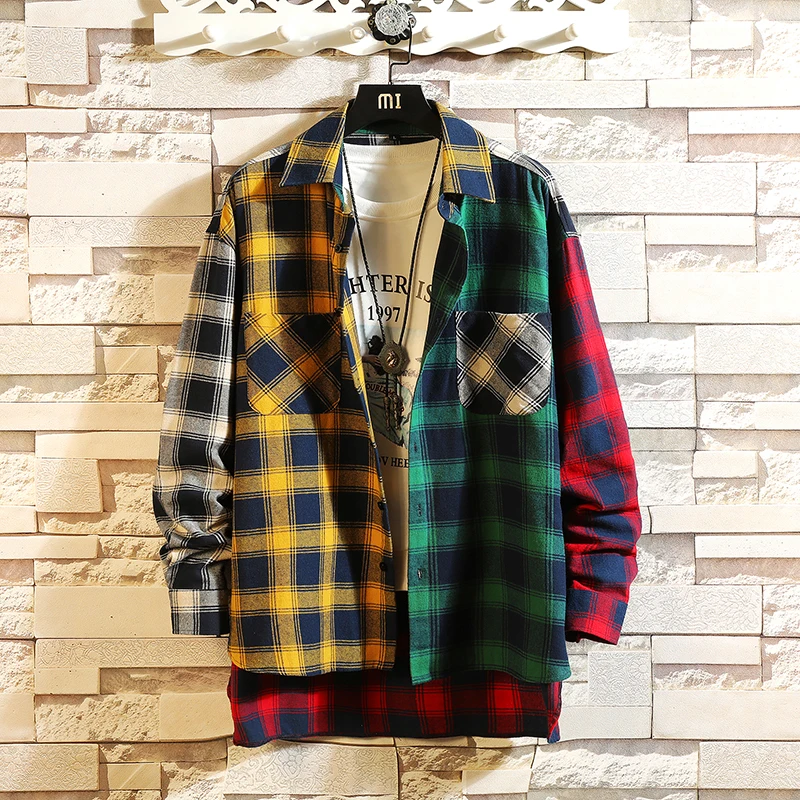 2021 new personality patchwork red plaid shirt men\'s street casual hip hop long-sleeved shirt men\'s loose shirt large size M-5XL