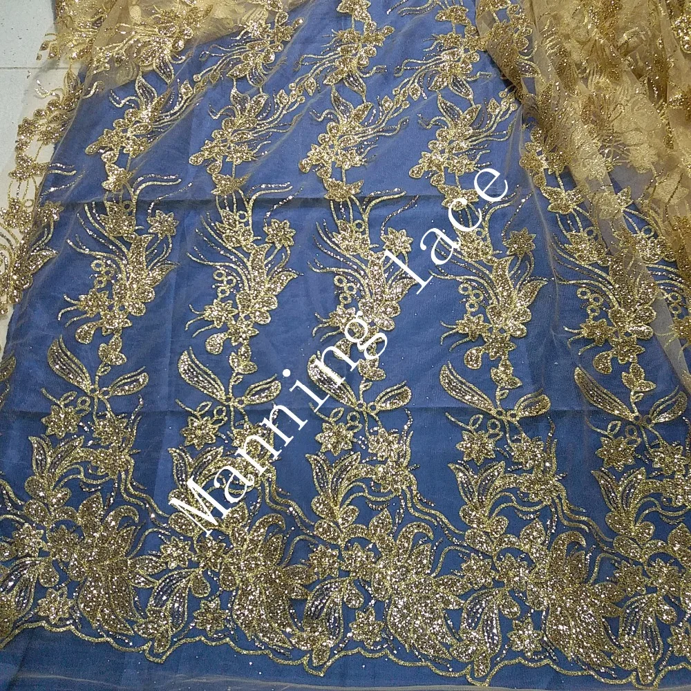 Yellow African flashing floral lace fabric, high quality French nobleness and beautiful wedding dress lace fabric.