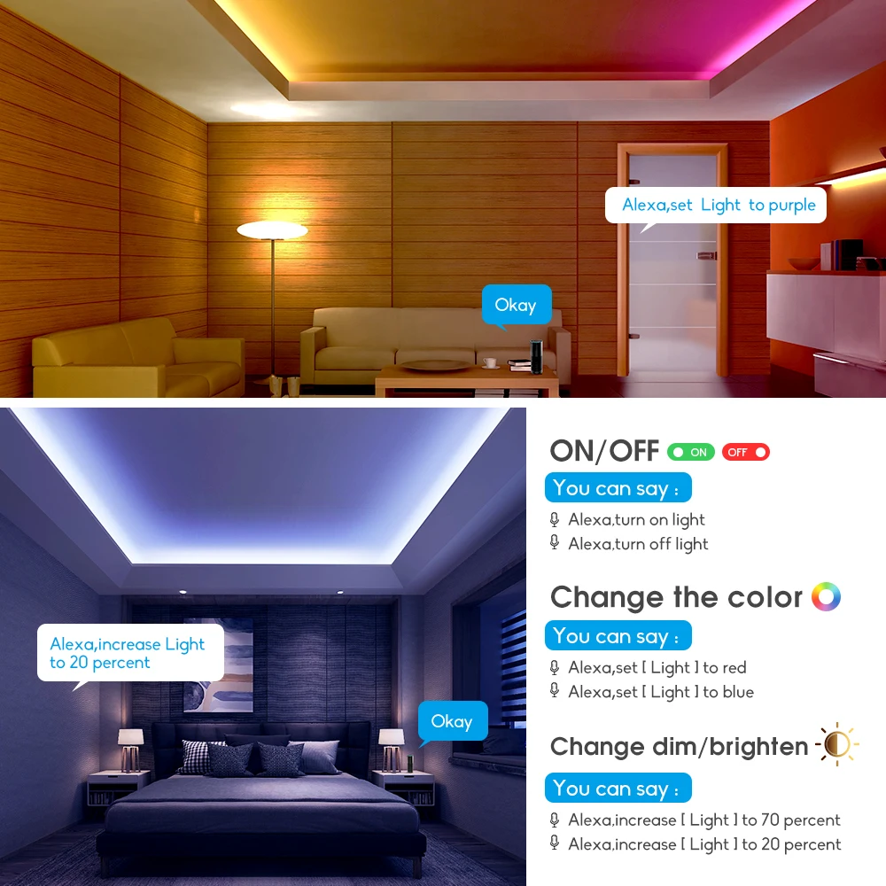 Imagem -06 - Impermeável Led Strip Lights com Controle de Voz Wifi Rgb 5050 Luzes de Fita Funciona com Alexa Echo Google Home Natal 60led m