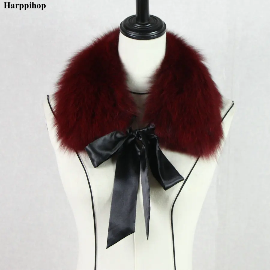 Harppihop*2018 Fashion Fur Scarf Real Raccoon Dog Fur Collars with Ribbon Real Fur Stole for Wool Coats 48CM