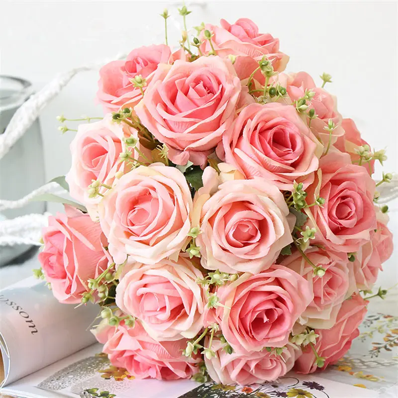 YO CHO Bride Wedding Bouquet Polyester 9 Heads Rose Gypsophila Bouquet Bridesmaid Artificial Silk Flower DIY Wedding Accessories