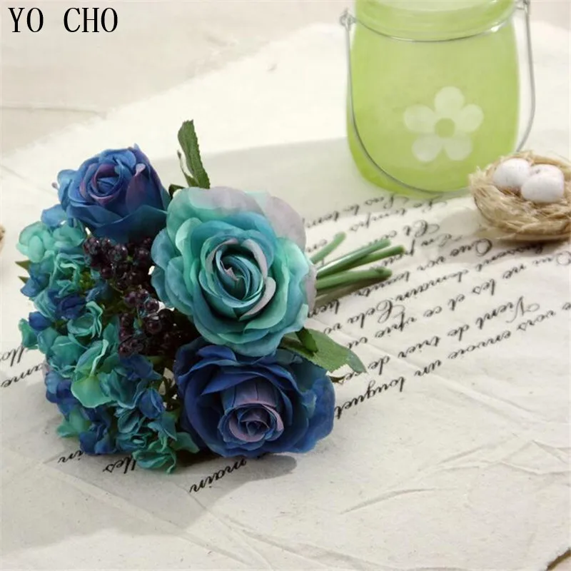 Artificial Blue Rose Flowers Bouquet  Camellia  Magnolia  Floral  Wedding  Peony Arrangement  Hydrangea Decor  Home Decoration