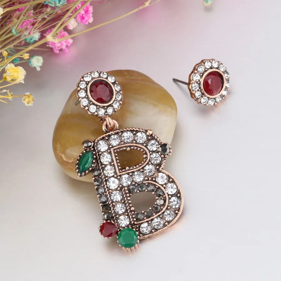 2018 New Vintage Turkish Earrings For Women Antique Gold Color Letter B Asymmetry Drop Earring India Style Jewelry