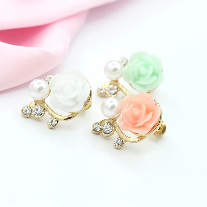 Vivid Rose Flower White Green Pink Colors Simulated Pearl Crystal Elegant Stud Earrings for Women Fashion piercing Jewelry