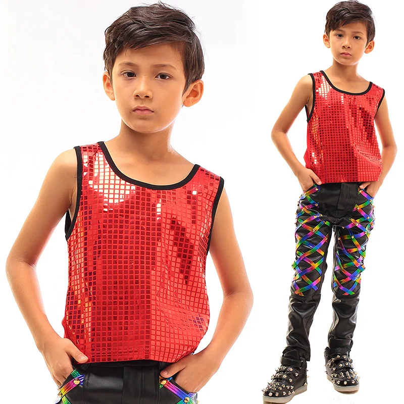 Boy Jazz Performance Costume Singer Children Hip Hop Dancing Clothes Sequin Vest Black T-Shirt Boys Tops Dance Wear DNV10056