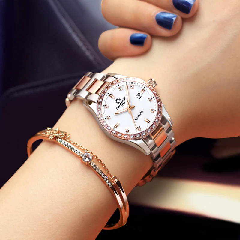 Carnival Women Automatic Watch Brief With Rhinestone Date Luxury Mechanical Watch Women Dress Watch Steel Band