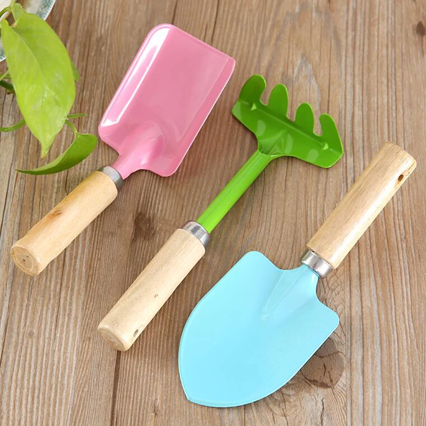 Minijuego de herramientas de mano para jardín, pala de jardinería, rastrillo con mango de madera, cabeza de Metal, 3 uds.