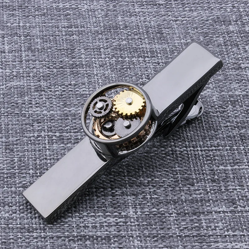 Fashion Tie Clips Watch Movement Black Gun metal Immovable Mechanical Tie Bar Clasp for Men