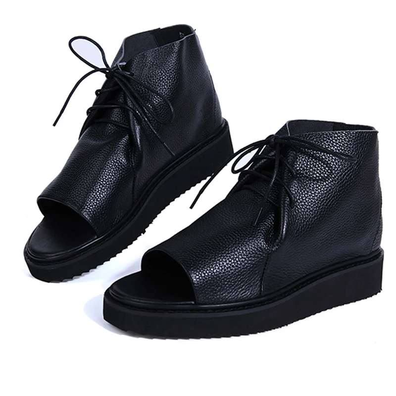 High-Top Peep Toe Sandals Gladiator Men Summer Shoes Runway Vintage Real Leather Platform Sandals Lace Up Black Beach Sandals