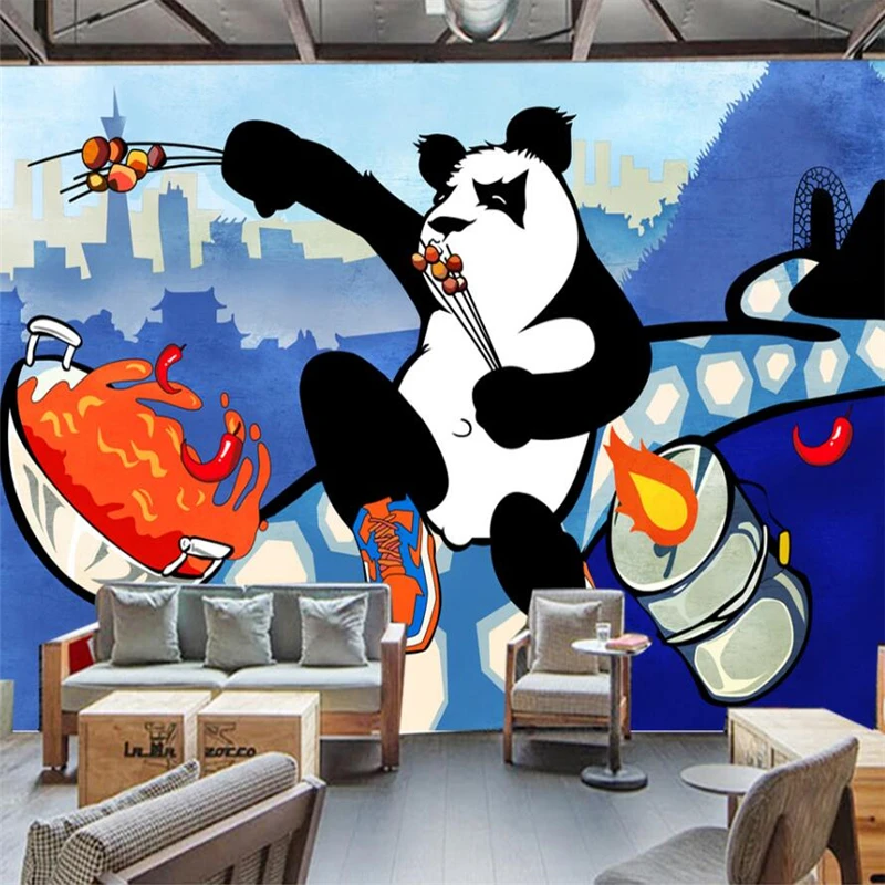 wellyu Modern personalized hand-painted Panda personalized barbecue wall custom large mural green wallpaper papel de parede