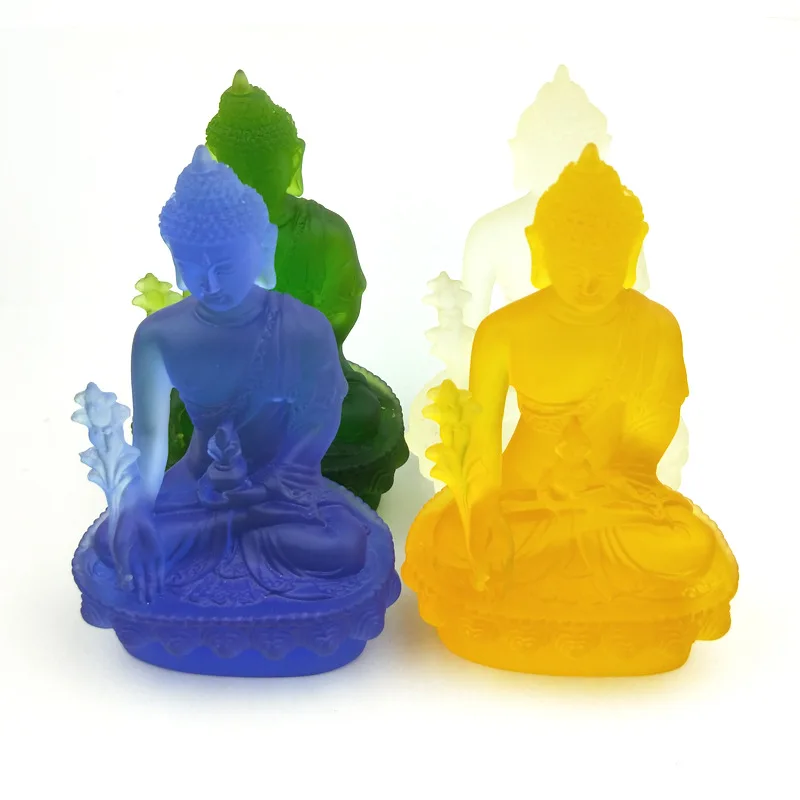 Seven Colours of 13 Cm Trumpet Water Glass Pharmacist Buddha Statue with Optional Religious Family Decorations