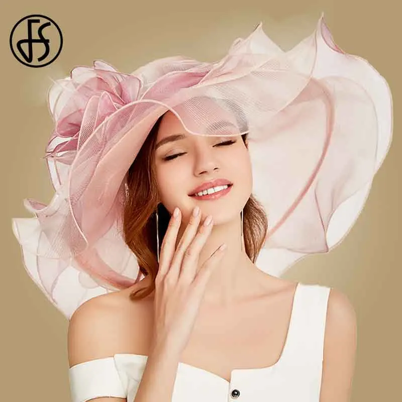 FS Pink Kentucky Derby Hat For Women Organza Sun Hats Flowers Elegant Large Wide Brim Ladies Wedding Church Fedoras