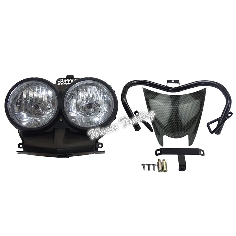 waase Bug Eyed Dual Head Light Lamp Headlight Headlamp + Upper Top Cover Carbon Look + Guard Set For YAMAHA Zuma BWS 125 YW125