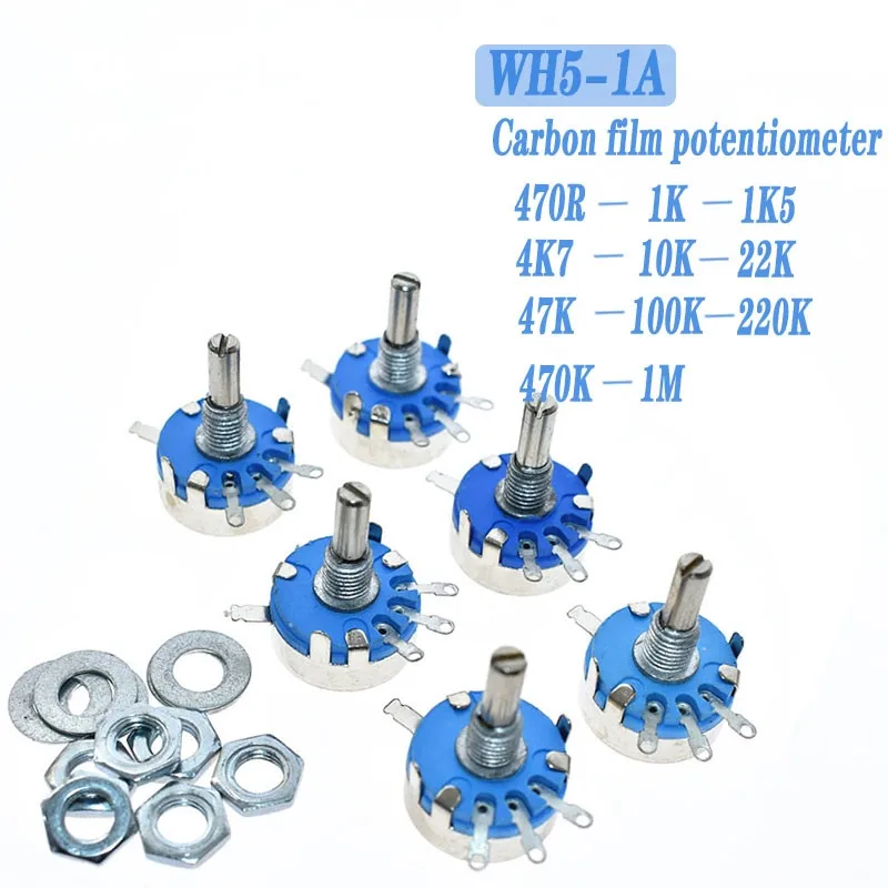 WH5-1A Carbon Potentiometer 1K 2K 10K 47K 4K7 470R 100K 470K 220K 1K5 22K 1M ohm 3-Terminals Round Shaft Rotary Taper WH5