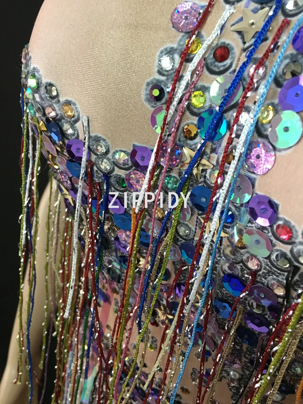 Traje de escenario de baile de cumpleaños para mujer, traje de baile de club nocturno, traje de espectáculo de cantante femenino, flecos Multicolor, diamantes de imitación brillantes, body