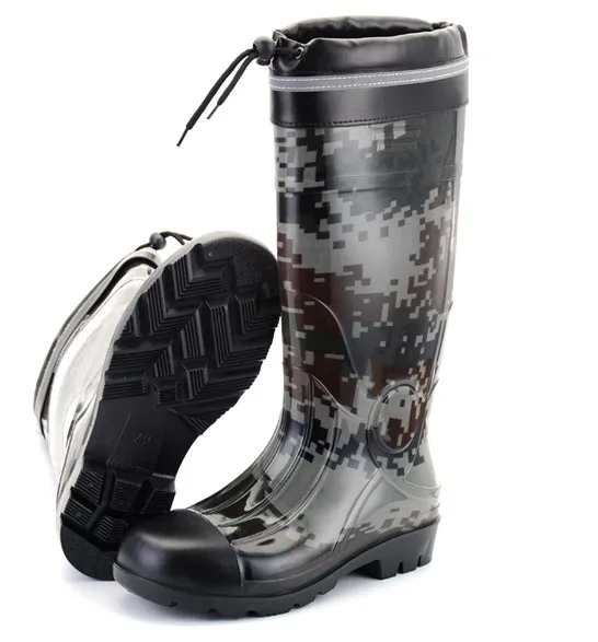 Rouroliu Men Winter Warm Knee-high PVC Rain Boots Non-slip Camouflage Rainboots Waterproof Male Water Shoes Safety TS107