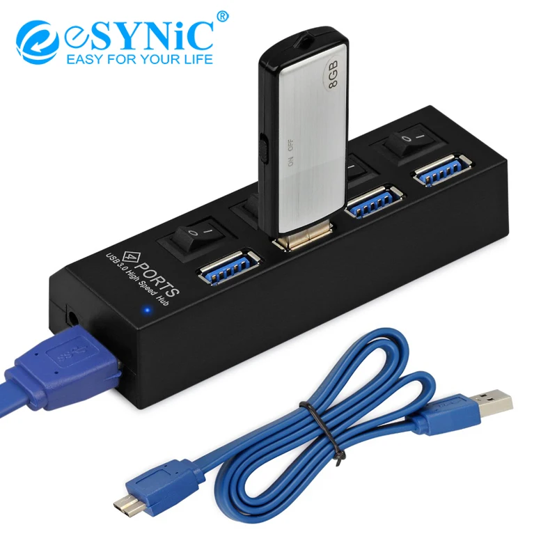 eSYNiC 4 Port Hub USB 3.0 2.0 Multi Splitter High Speed Adater Cable With Switch For Desktop Laptop PC Mac Charging Bus USB Hub