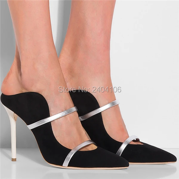 

Plus Size 34-43 Patchwork Suede Silk Party Shoes Female Pointed Toe Slip On Women Slides Sexy Stiletto High Heels Ladies Mules