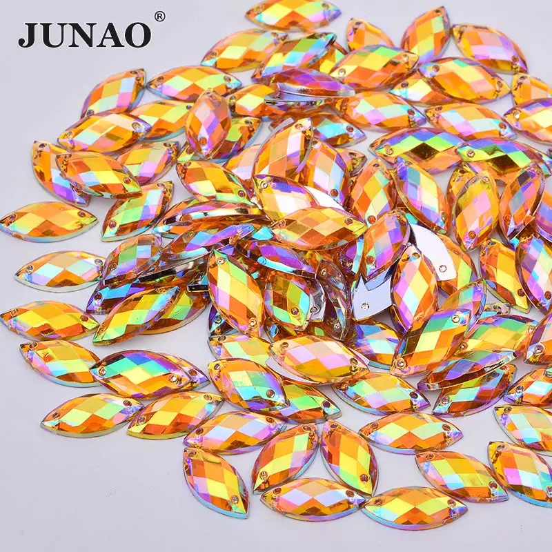 JUNAO 7*15mm Sewing Yellow AB Crystals Horse Eye Rhinestones Flat Back Acrylic Gems Sew On Strass Crystal Stones for Crafts