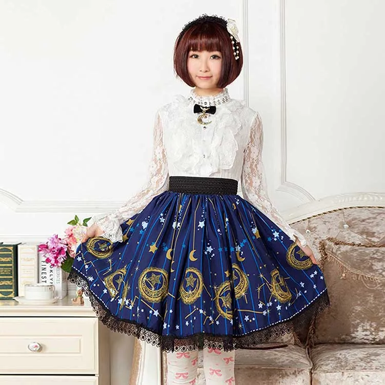 Mori Girl Blue Skater Skirt Moon and Star Printed Lady\'s Pleated Short Lolita Elastic Waist Skirt