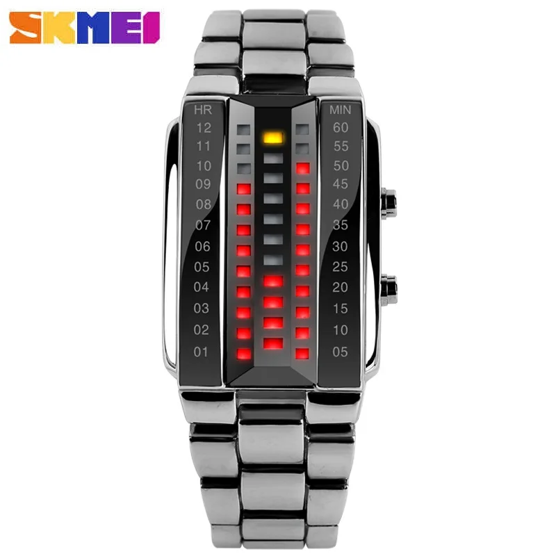 Luxury Men\'s Wristwatch Waterproof Men Fashion Stainless Steel Red Binary Luminous LED Electronic Display Sport Watches SKMEI