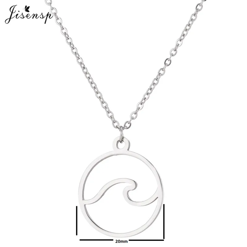 Jisensp Stainless Steel Wave Necklace Pendants Long Chain Beach Nautical Surfing Necklace Jewelry Tropical Wedding Jewelry Gift