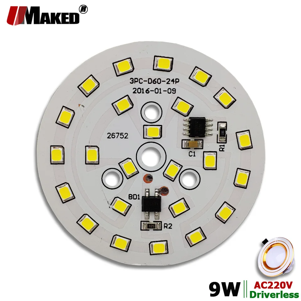 AC220V LED PCB Module 9W 60mm 900lm Downlight Aluminum plate White/Warm SMD2835 Smart IC Driver For Downlight Ceiling Lamps DIY