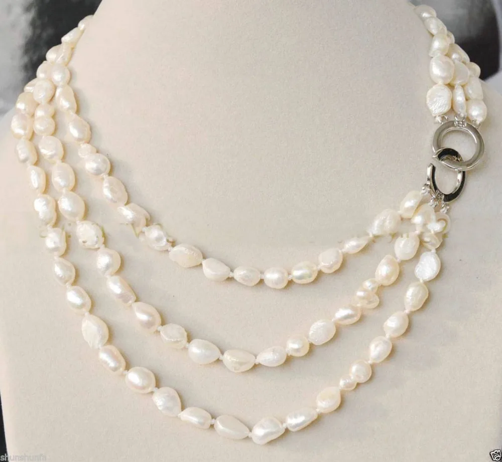 

NEW 3 Rows 7-8mm real baroque white freshwater pearl jewelry necklace 17-20" lady's $ Jewelry Luxury Girls Wedding