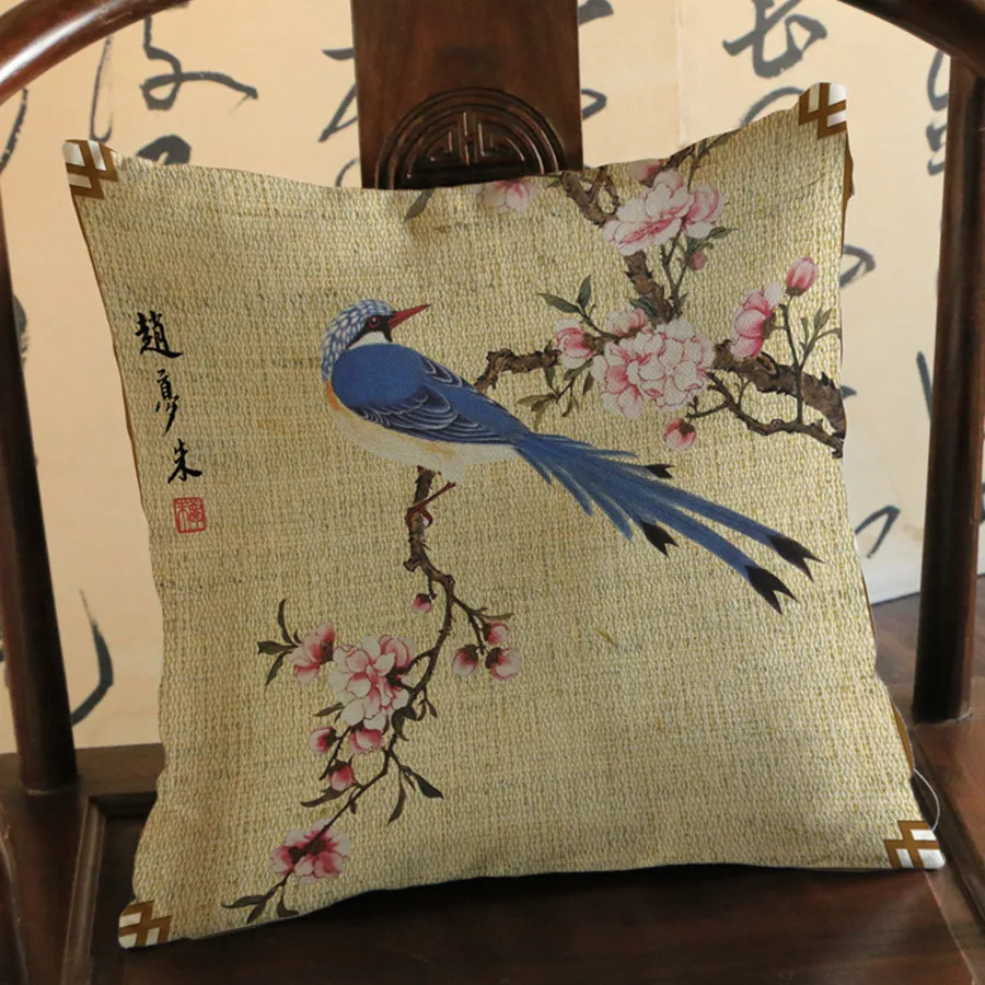 Chinese Watercolor Flower Bird Style Cushion Cover Ink Painting Print Cotton Linen Sofa Decoration Throw Pillow Case cojines